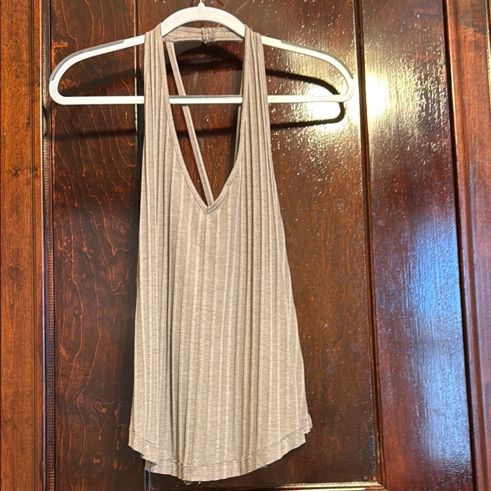 Free People Taupe Ribbed Halter Tank Top